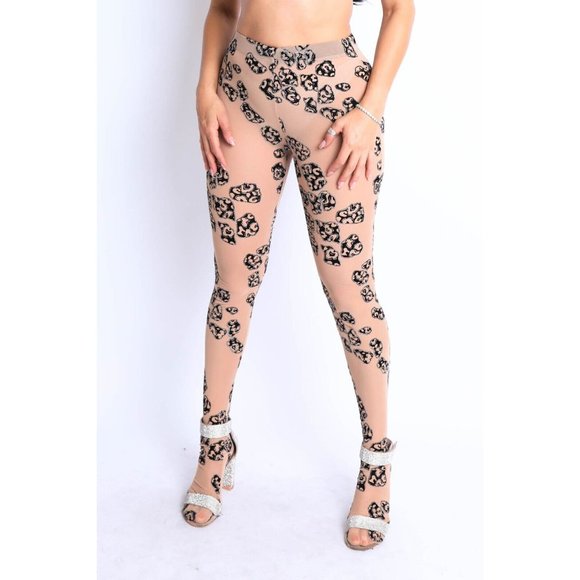 Women's Glittered Leopard Printed Mesh Footed Leggings Pants S M L - Picture 2 of 15